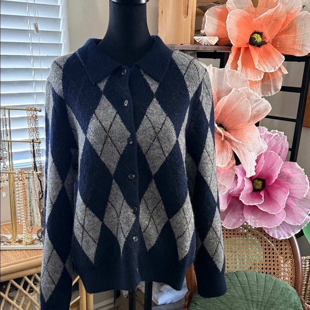 H&M Blue & Gray Argyle Button Up Collared Preppy Academia Cardi Sweater